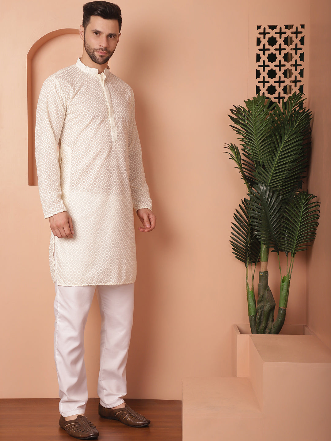 Off White Cotton Embroidered Kurta Pajama Set