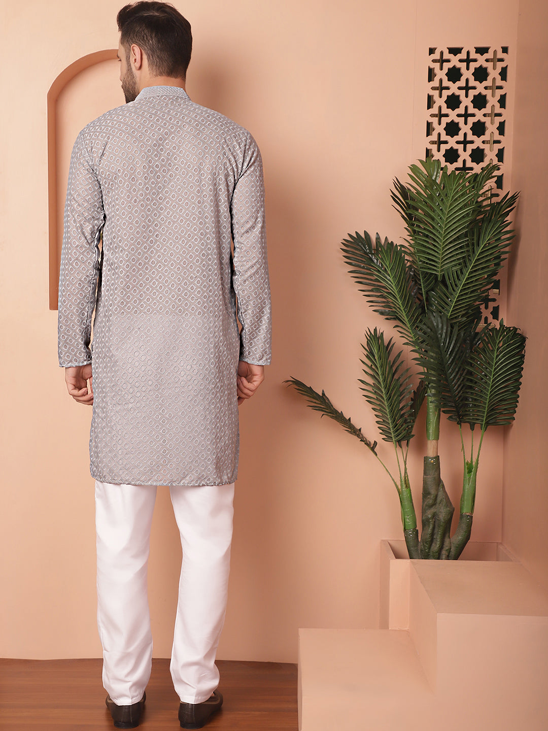 Gray Cotton Embroidered Kurta Pajama Set