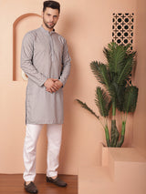 Gray Cotton Embroidered Kurta Pajama Set