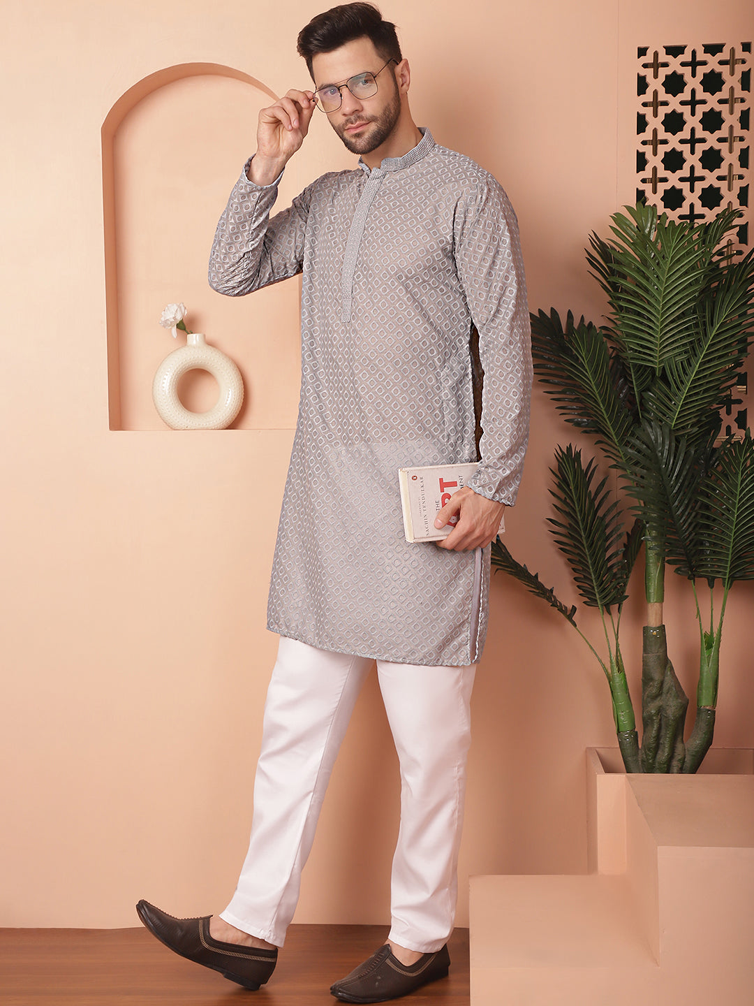 Gray Cotton Embroidered Kurta Pajama Set