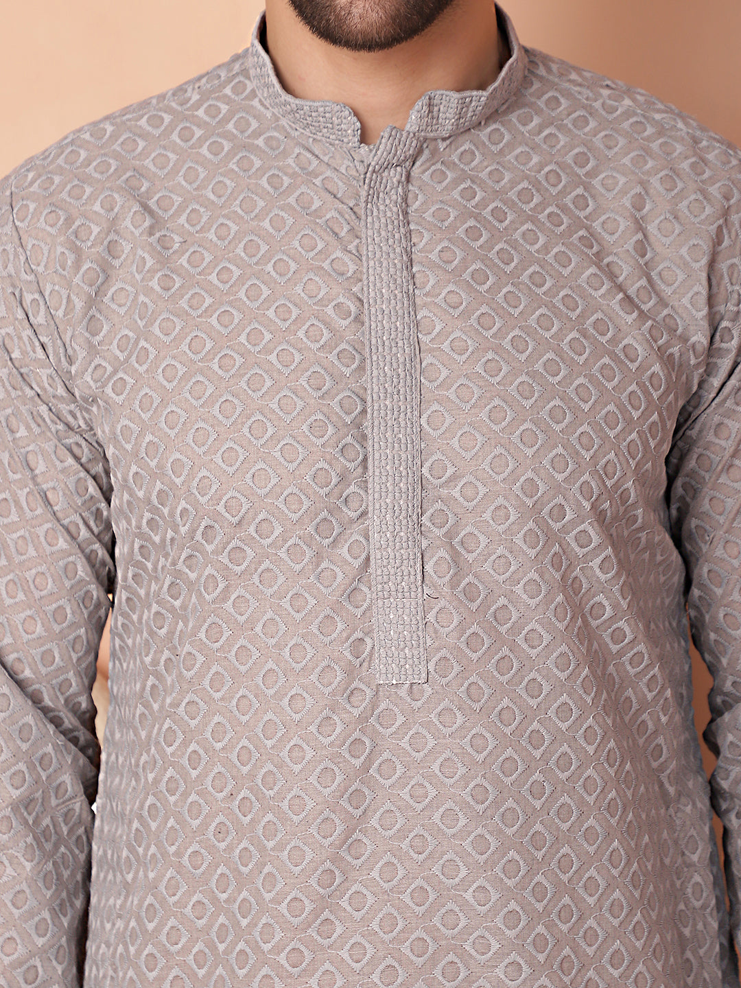 Gray Cotton Embroidered Kurta Pajama Set