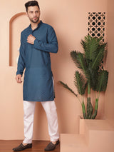 Teal Cotton Embroidered Kurta Pajama Set