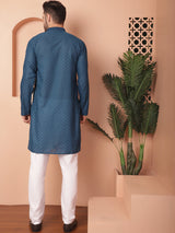 Teal Cotton Embroidered Kurta Pajama Set