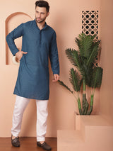 Teal Cotton Embroidered Kurta Pajama Set