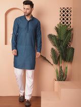 Teal Cotton Embroidered Kurta Pajama Set