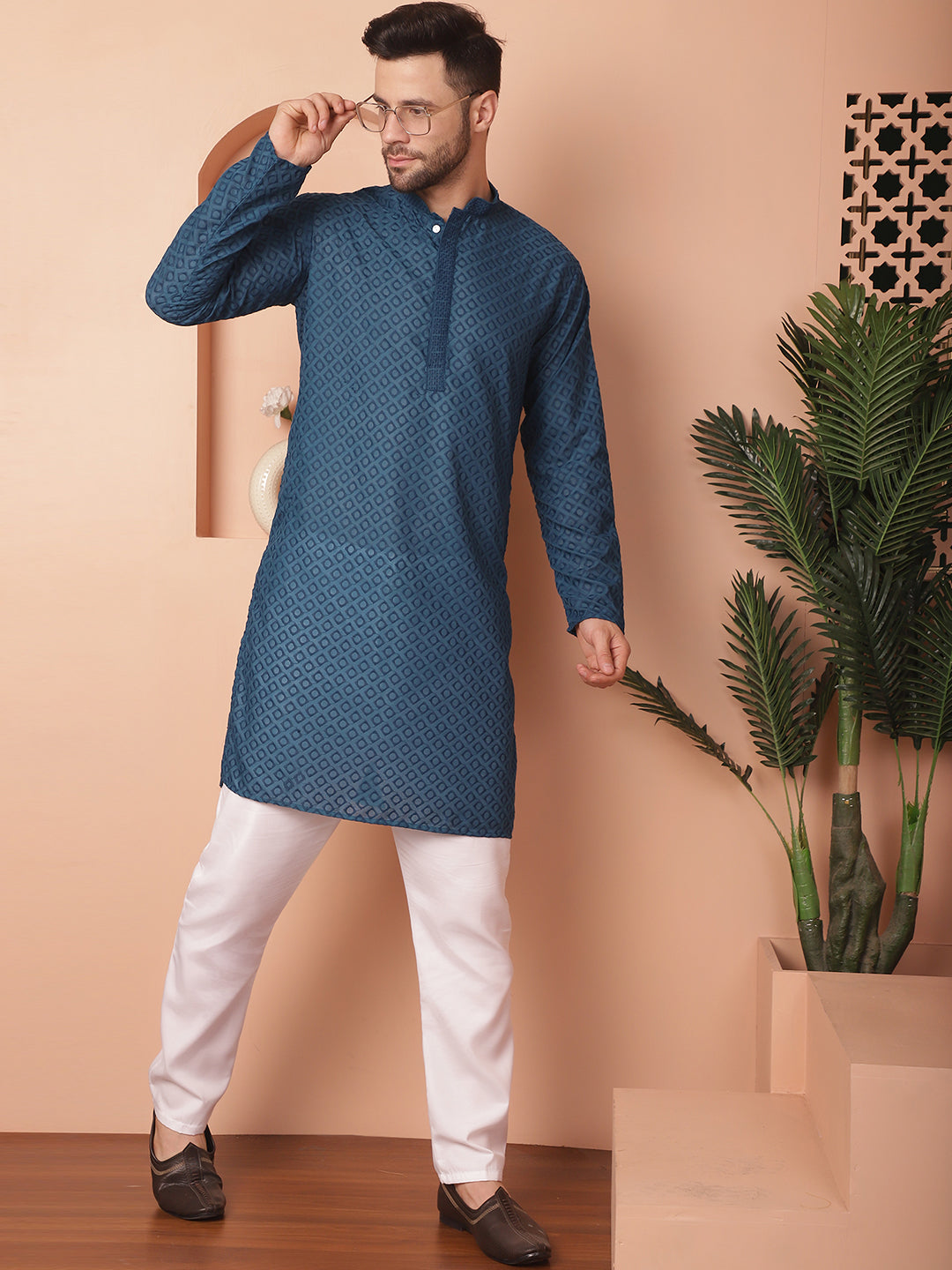 Teal Cotton Embroidered Kurta Pajama Set