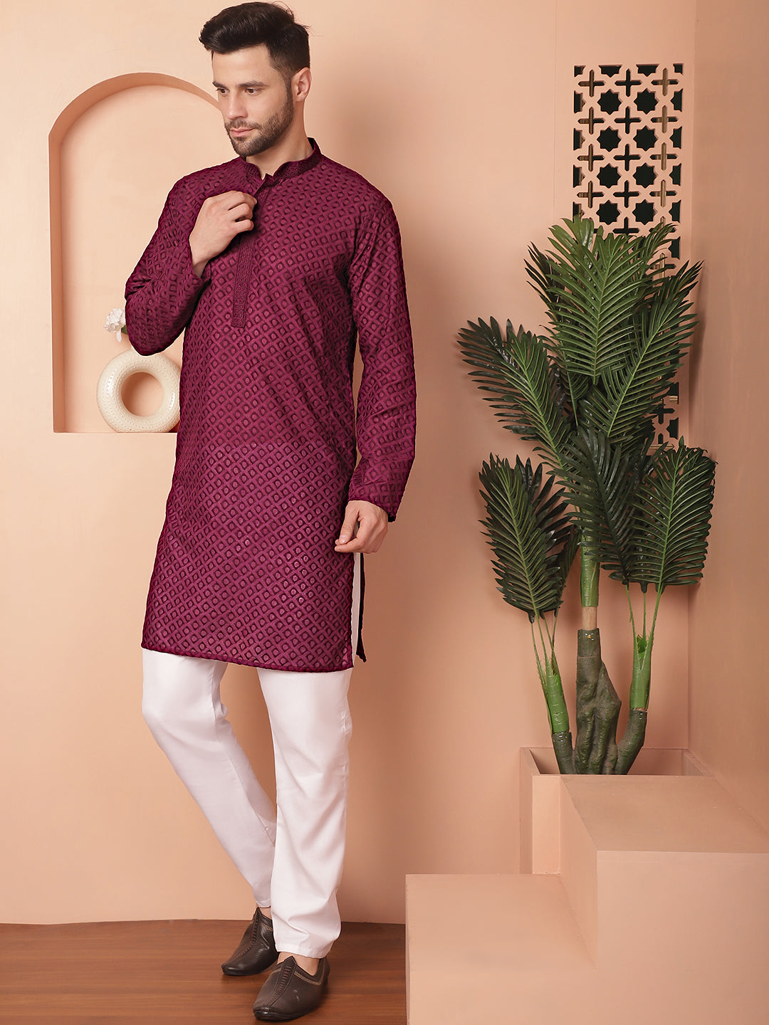 Purple Cotton Embroidered Kurta Pajama Set