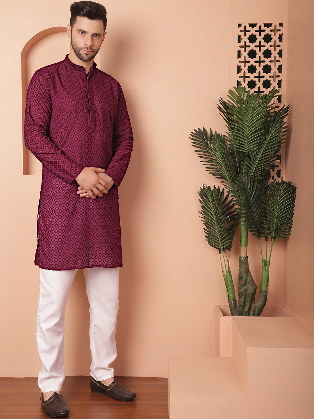 Purple Cotton Embroidered Kurta Pajama Set