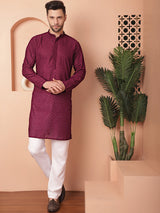 Purple Cotton Embroidered Kurta Pajama Set