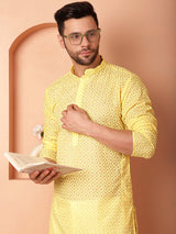 Yellow Cotton Embroidered Kurta Pajama Set