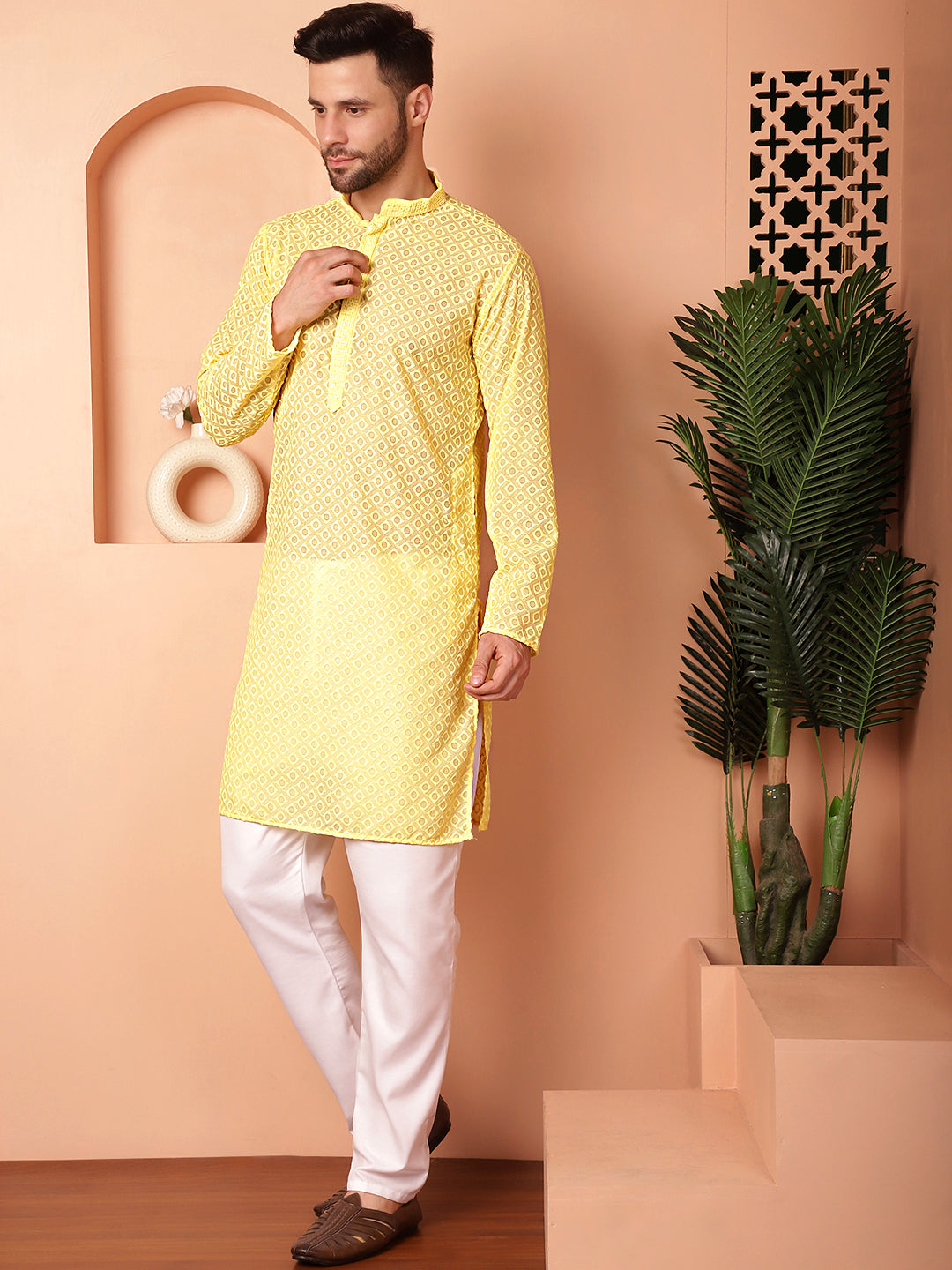 Yellow Cotton Embroidered Kurta Pajama Set