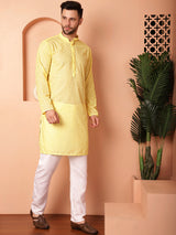 Yellow Cotton Embroidered Kurta Pajama Set