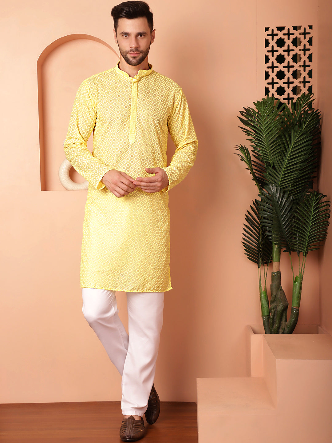 Yellow Cotton Embroidered Kurta Pajama Set