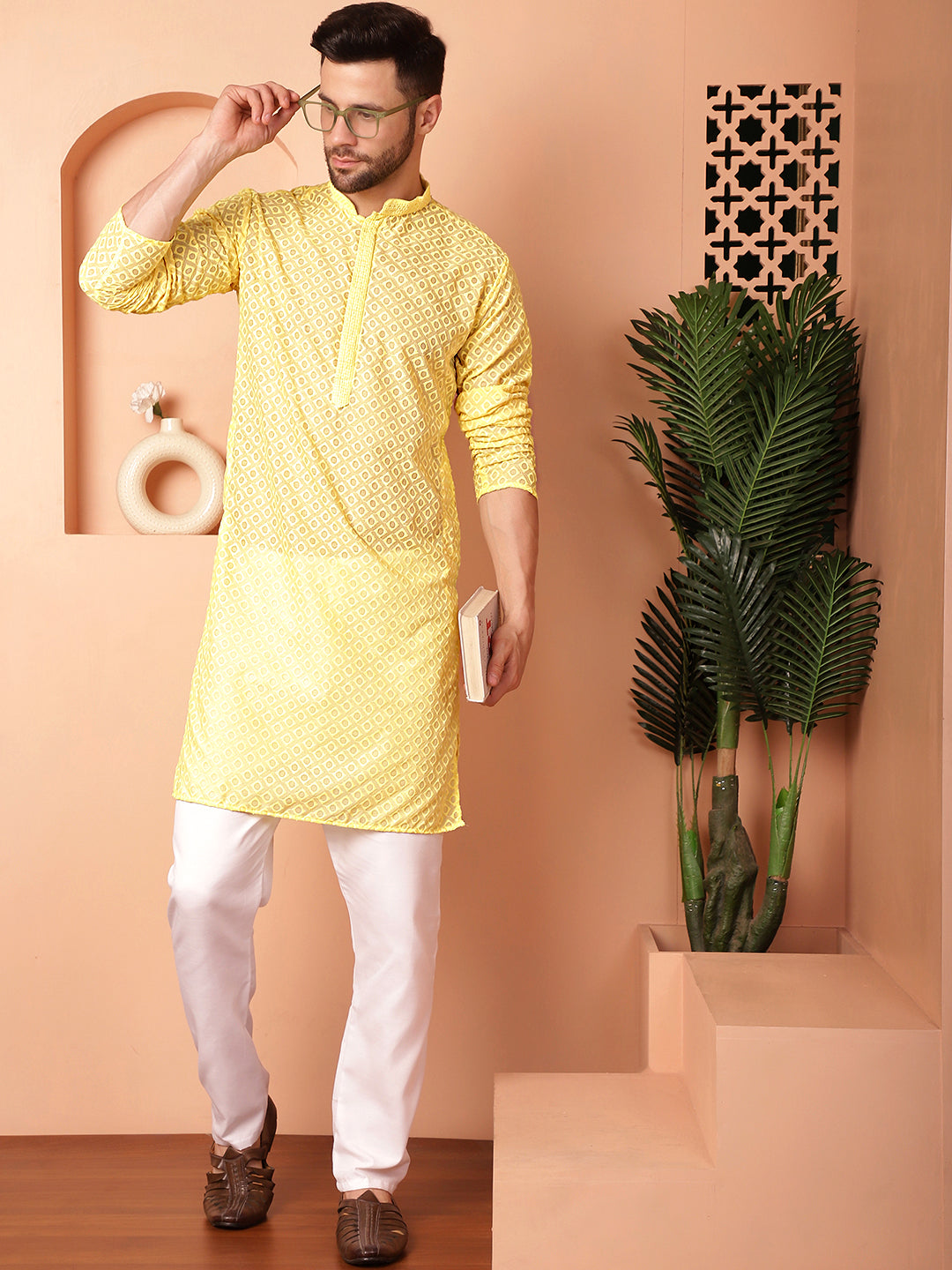 Yellow Cotton Embroidered Kurta Pajama Set