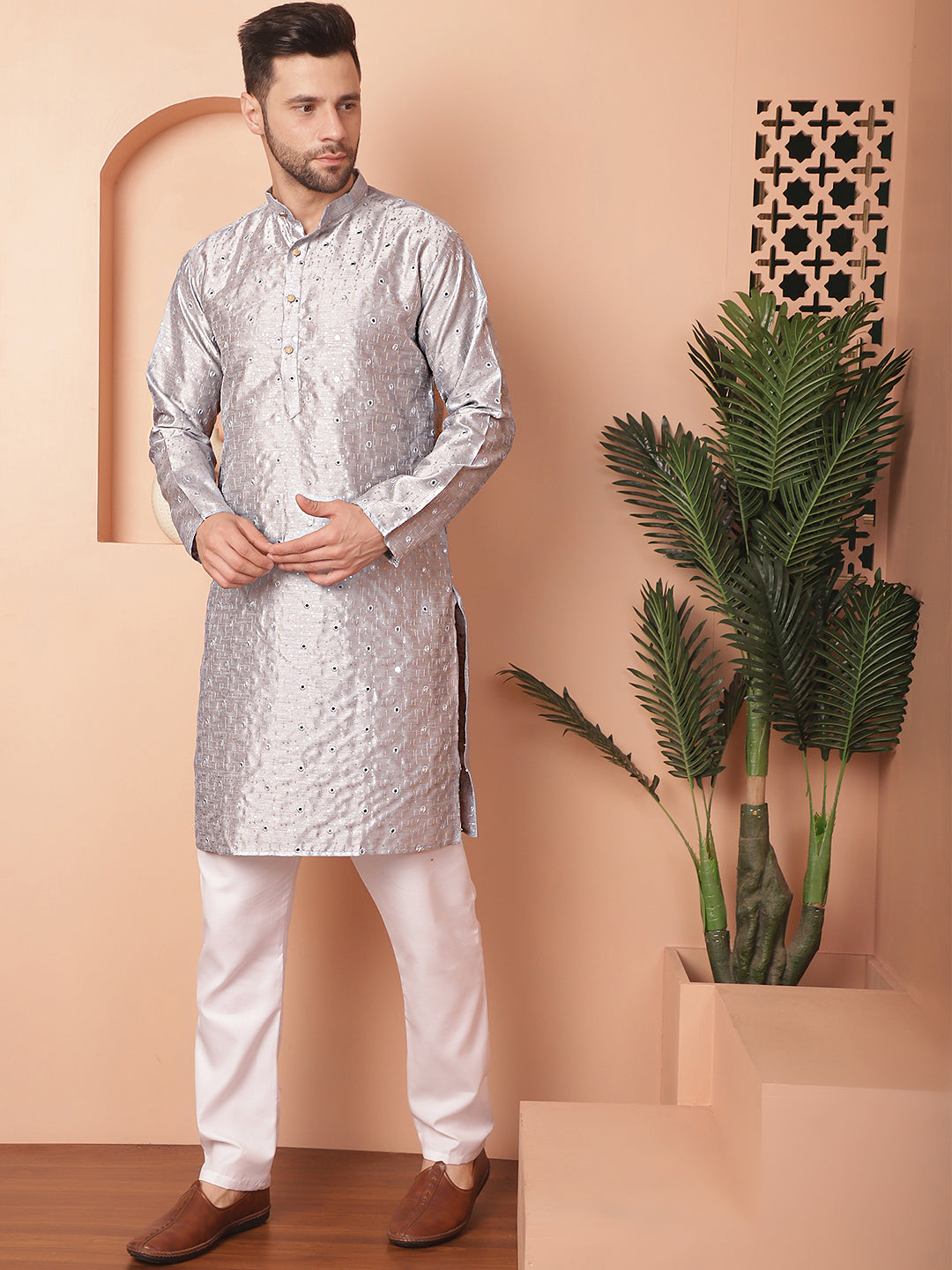 Gray Silk Mirror Sequin Embroidered Kurta Pajama Set