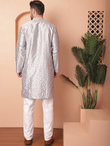 Gray Silk Mirror Sequin Embroidered Kurta Pajama Set