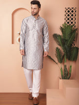 Gray Silk Mirror Sequin Embroidered Kurta Pajama Set