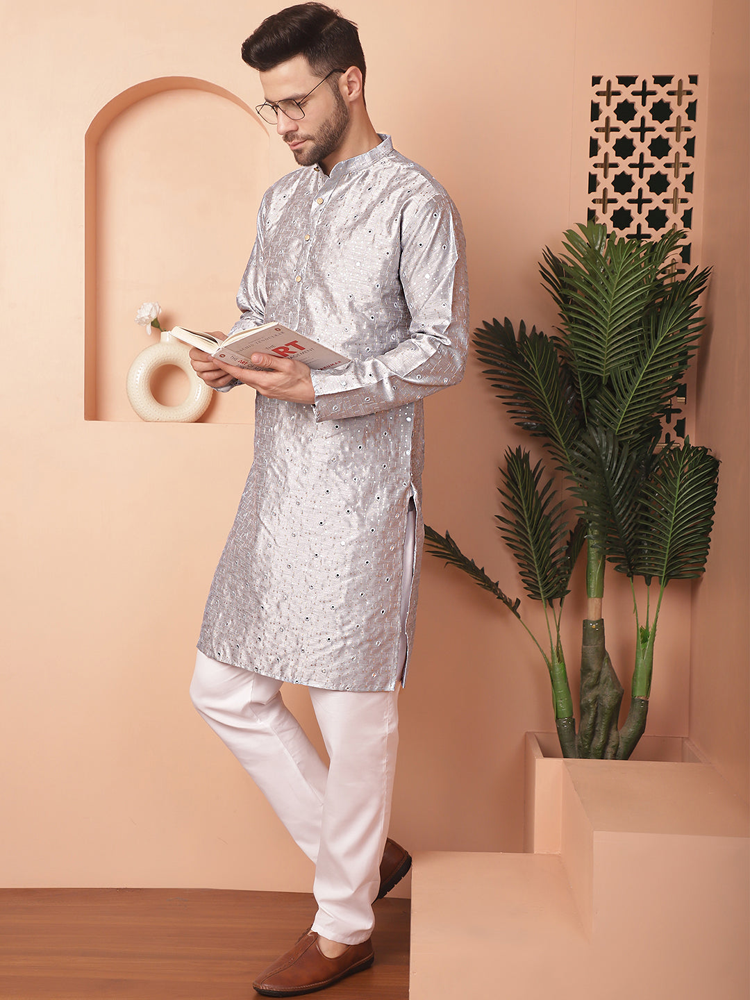 Gray Silk Mirror Sequin Embroidered Kurta Pajama Set