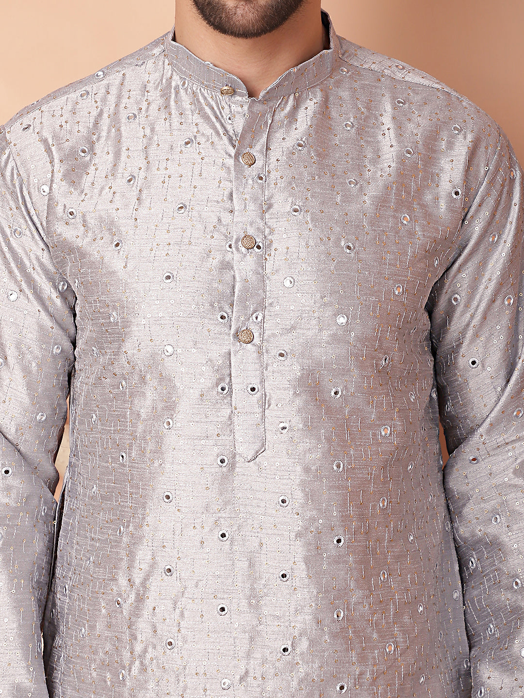 Gray Silk Mirror Sequin Embroidered Kurta Pajama Set