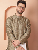 Olive Silk Mirror Sequin Embroidered Kurta Pajama Set