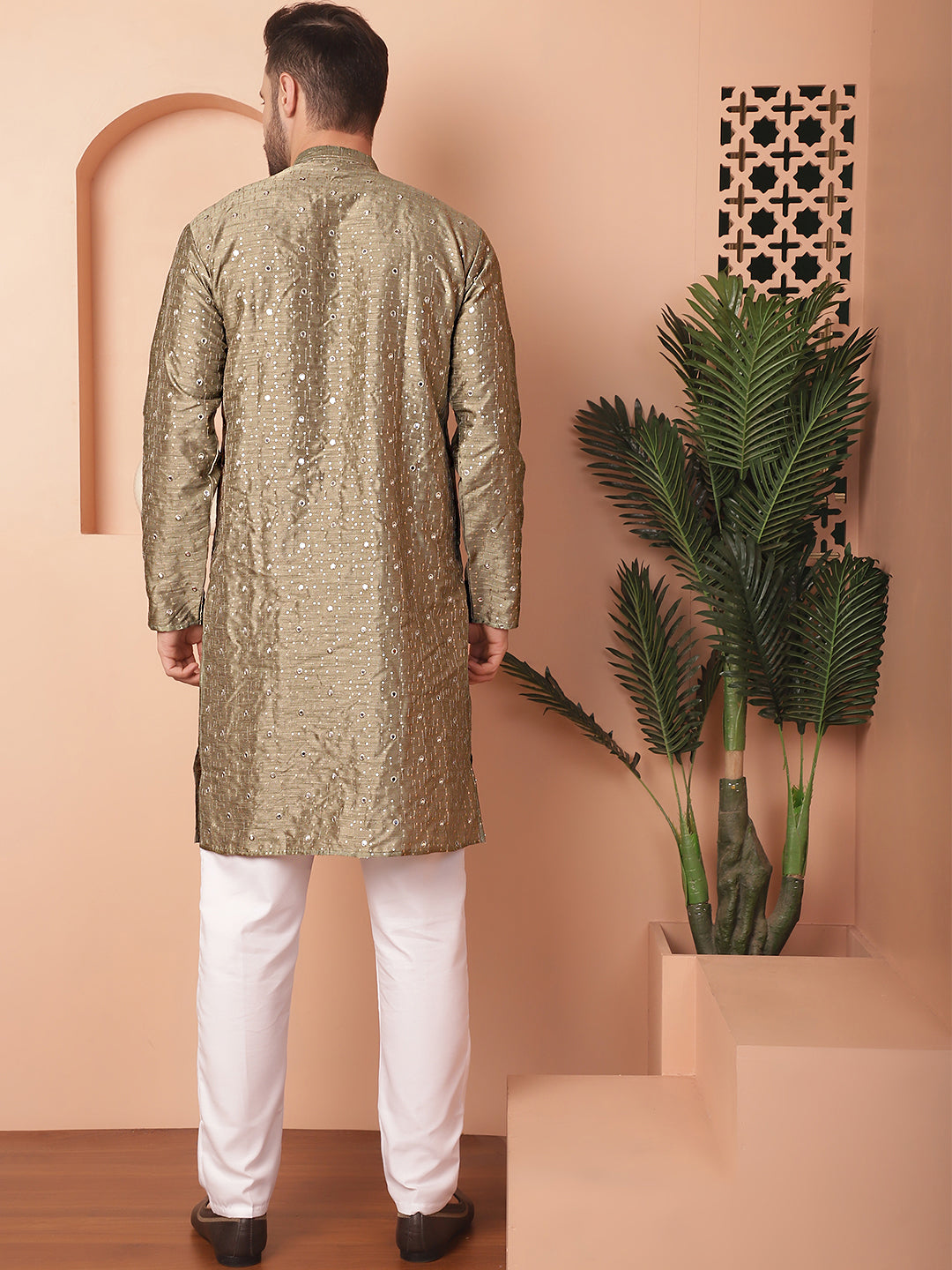 Olive Silk Mirror Sequin Embroidered Kurta Pajama Set