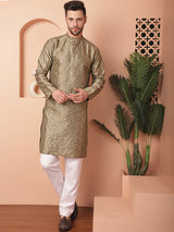 Olive Silk Mirror Sequin Embroidered Kurta Pajama Set