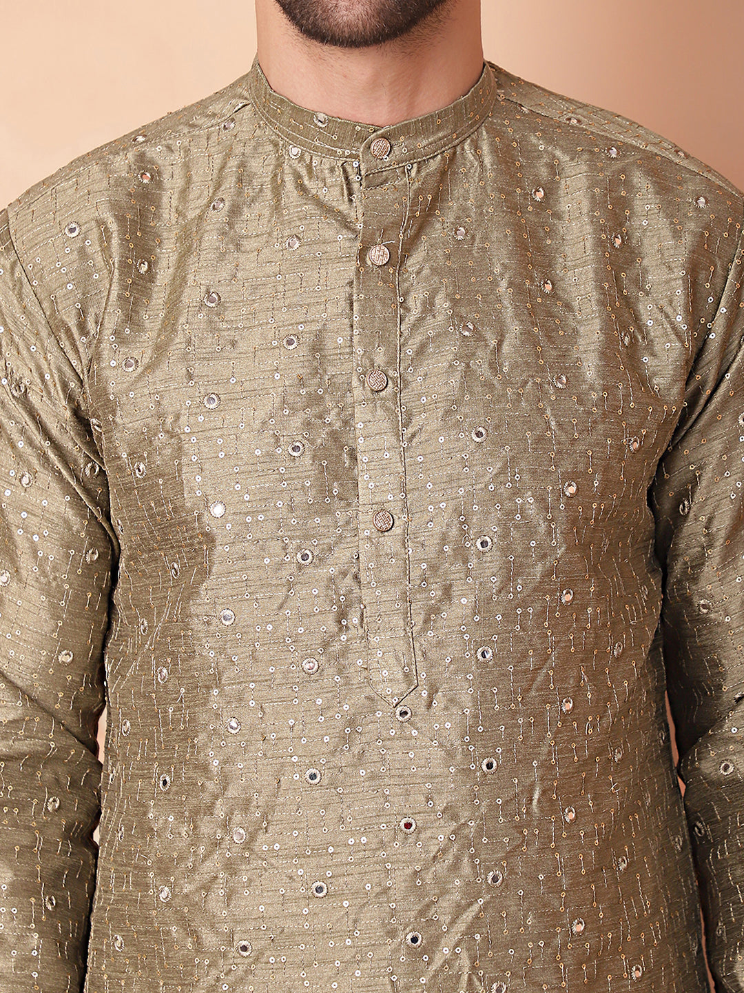 Olive Silk Mirror Sequin Embroidered Kurta Pajama Set