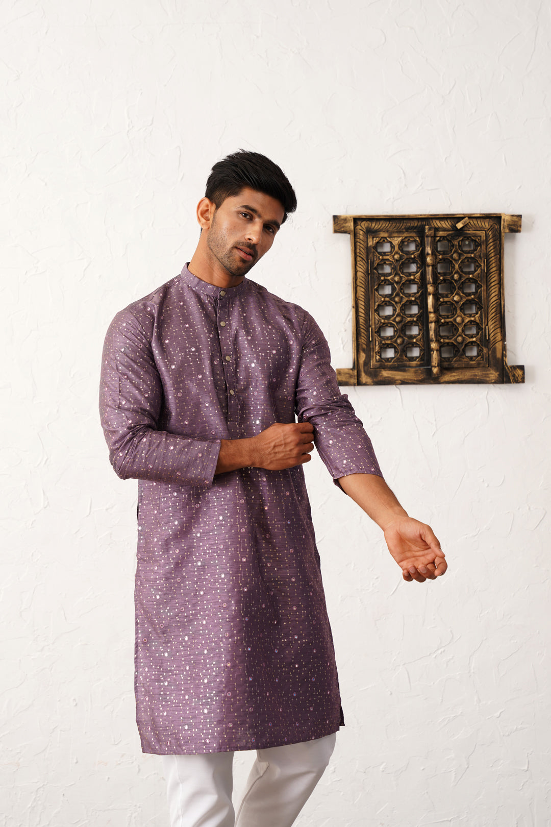 Purple Silk Printed Embroidered Kurta Pajama Set