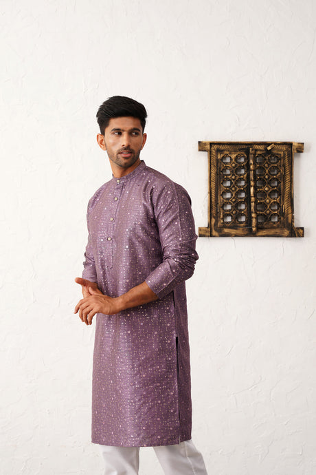 Purple Silk Printed Embroidered Kurta Pajama Set