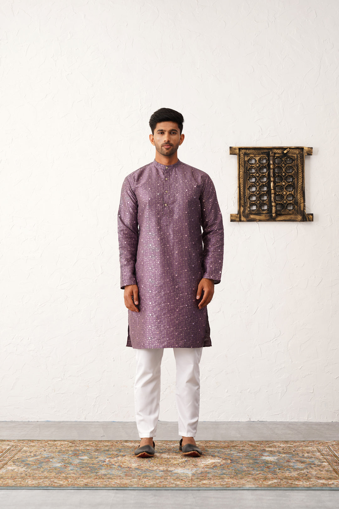 Purple Silk Printed Embroidered Kurta Pajama Set