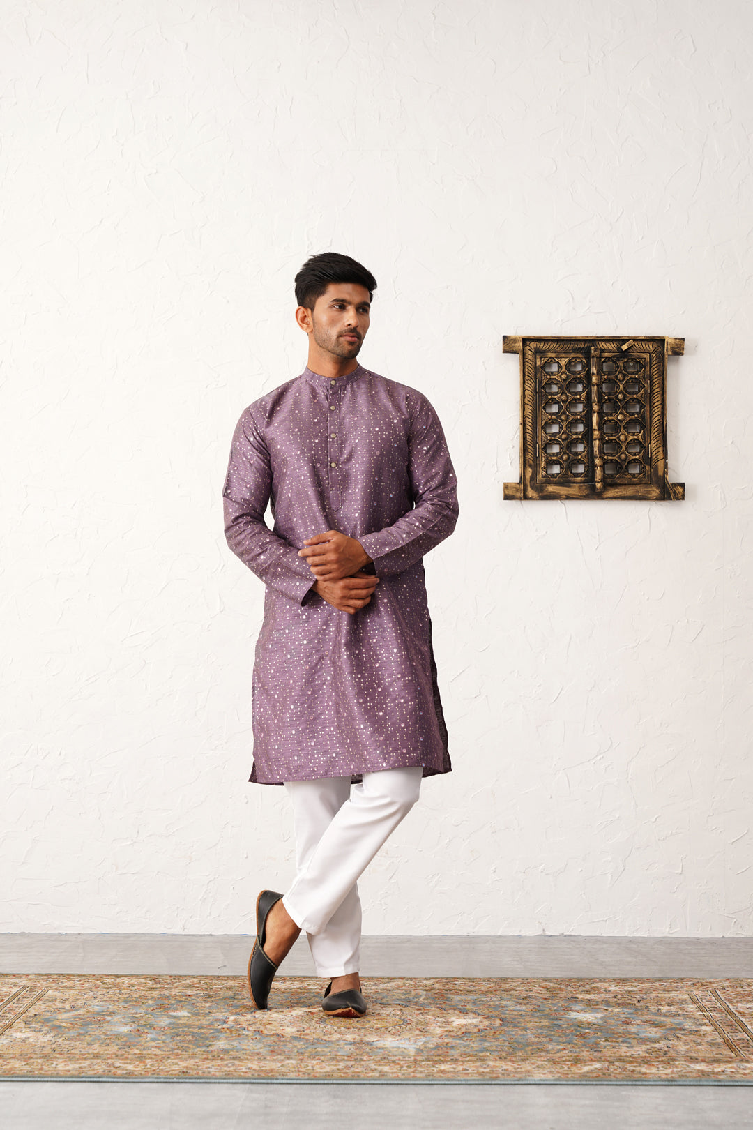 Purple Silk Printed Embroidered Kurta Pajama Set