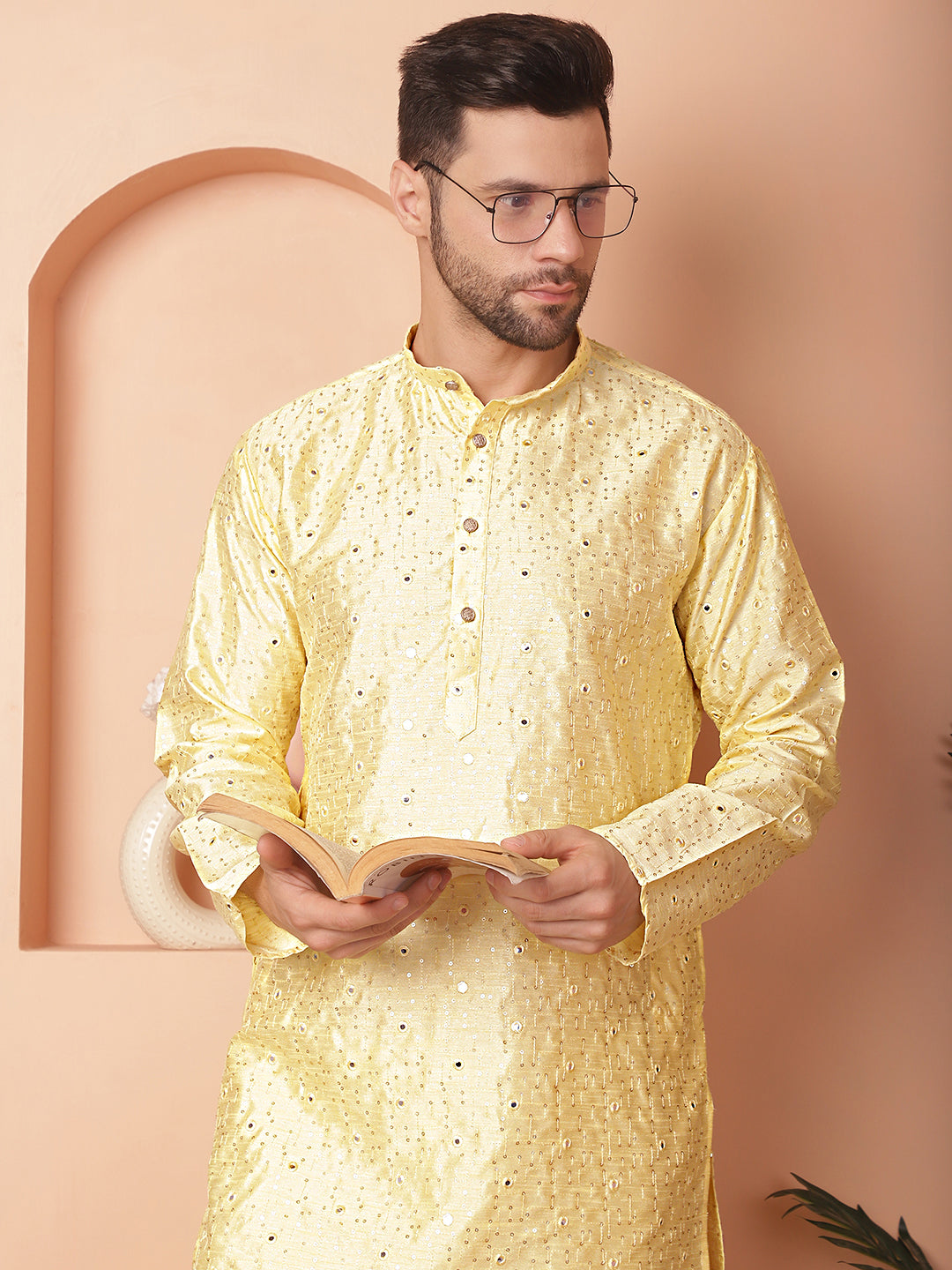 Yellow Silk Mirror Sequin Embroidered Kurta Pajama Set