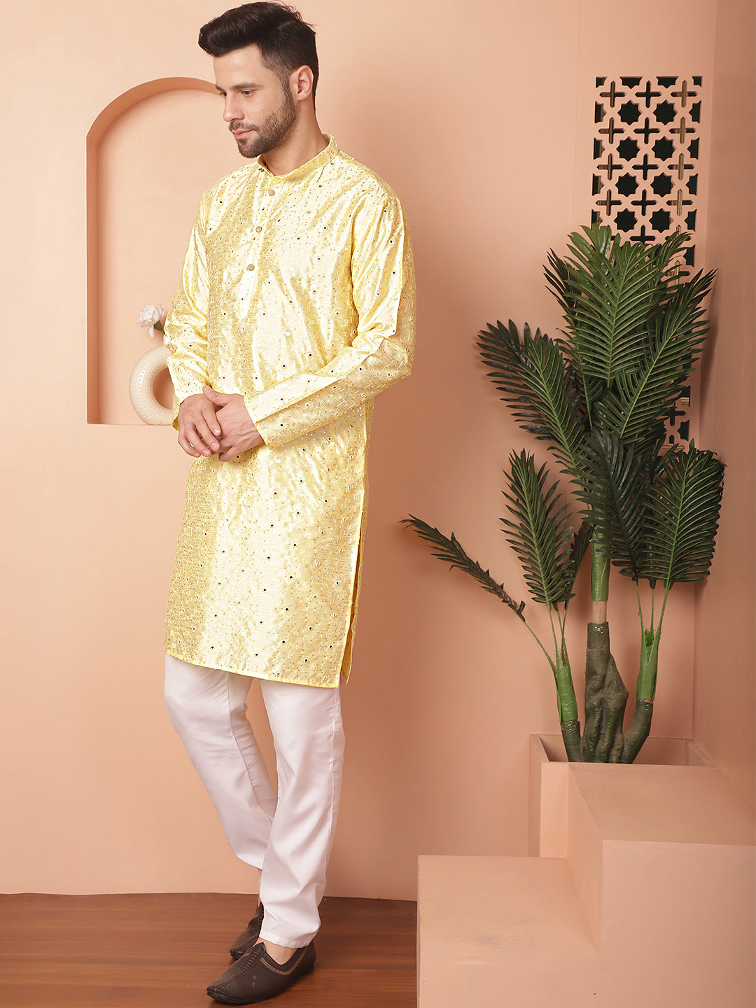 Yellow Silk Mirror Sequin Embroidered Kurta Pajama Set