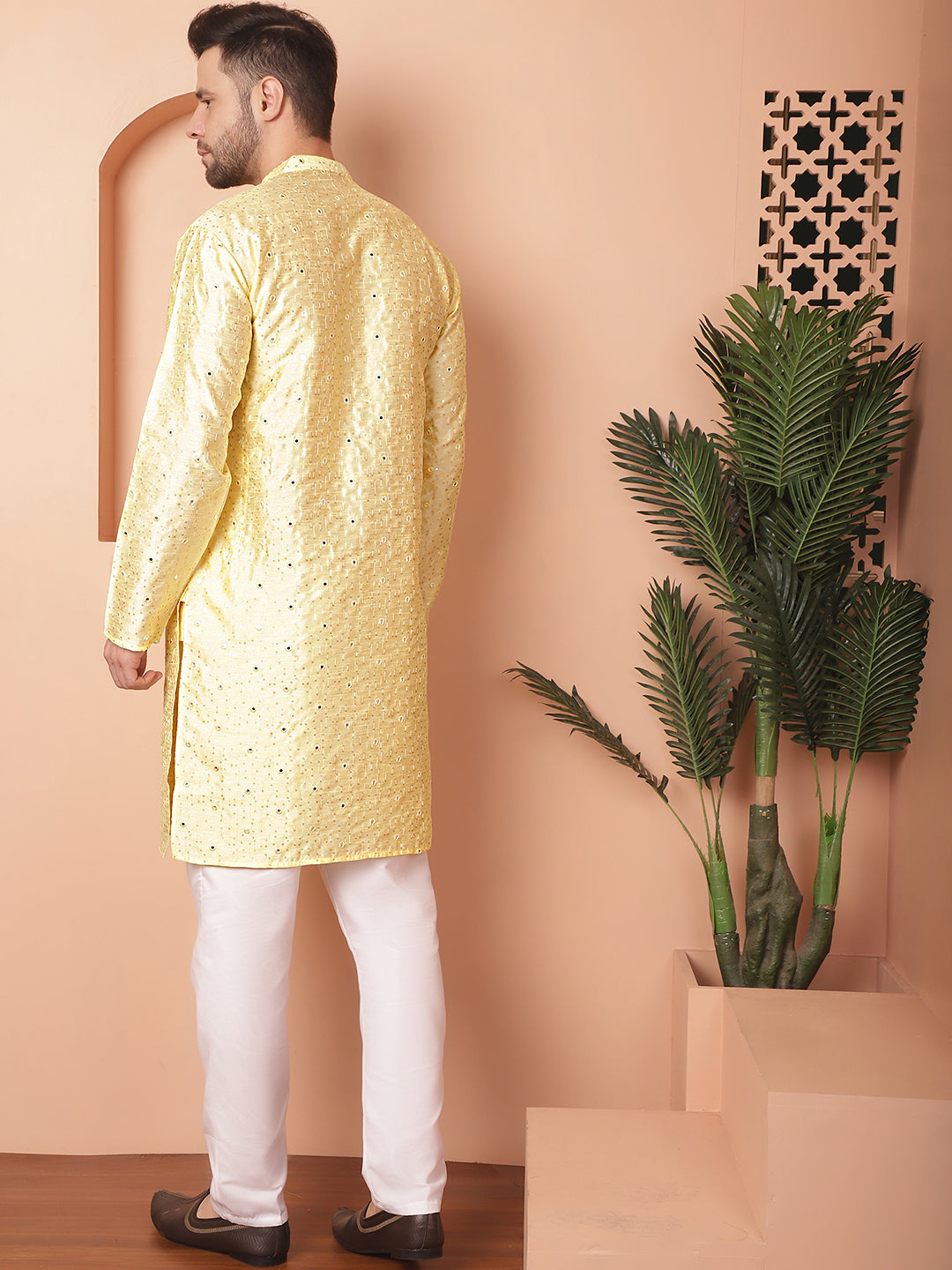 Yellow Silk Mirror Sequin Embroidered Kurta Pajama Set