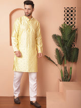 Yellow Silk Mirror Sequin Embroidered Kurta Pajama Set