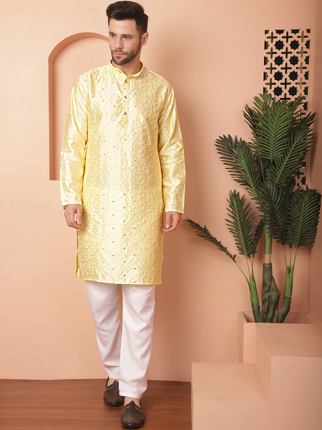 Yellow Silk Mirror Sequin Embroidered Kurta Pajama Set