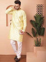 Yellow Silk Mirror Sequin Embroidered Kurta Pajama Set