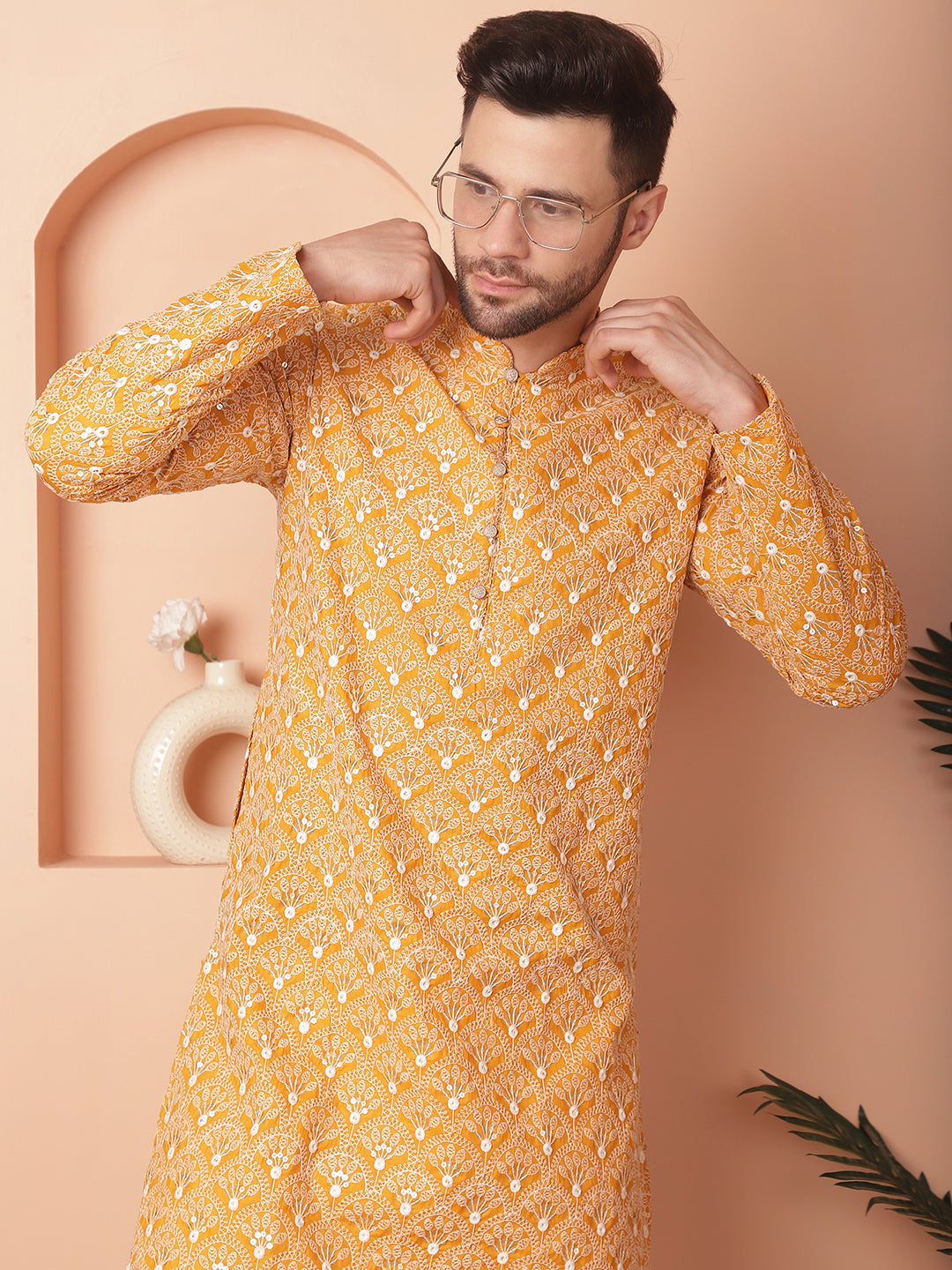 Yellow Cotton Embroidered Kurta Pajama Set