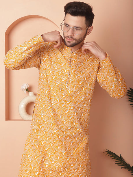 Yellow Cotton Embroidered Kurta Pajama Set