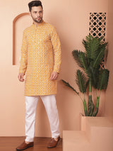 Yellow Cotton Embroidered Kurta Pajama Set