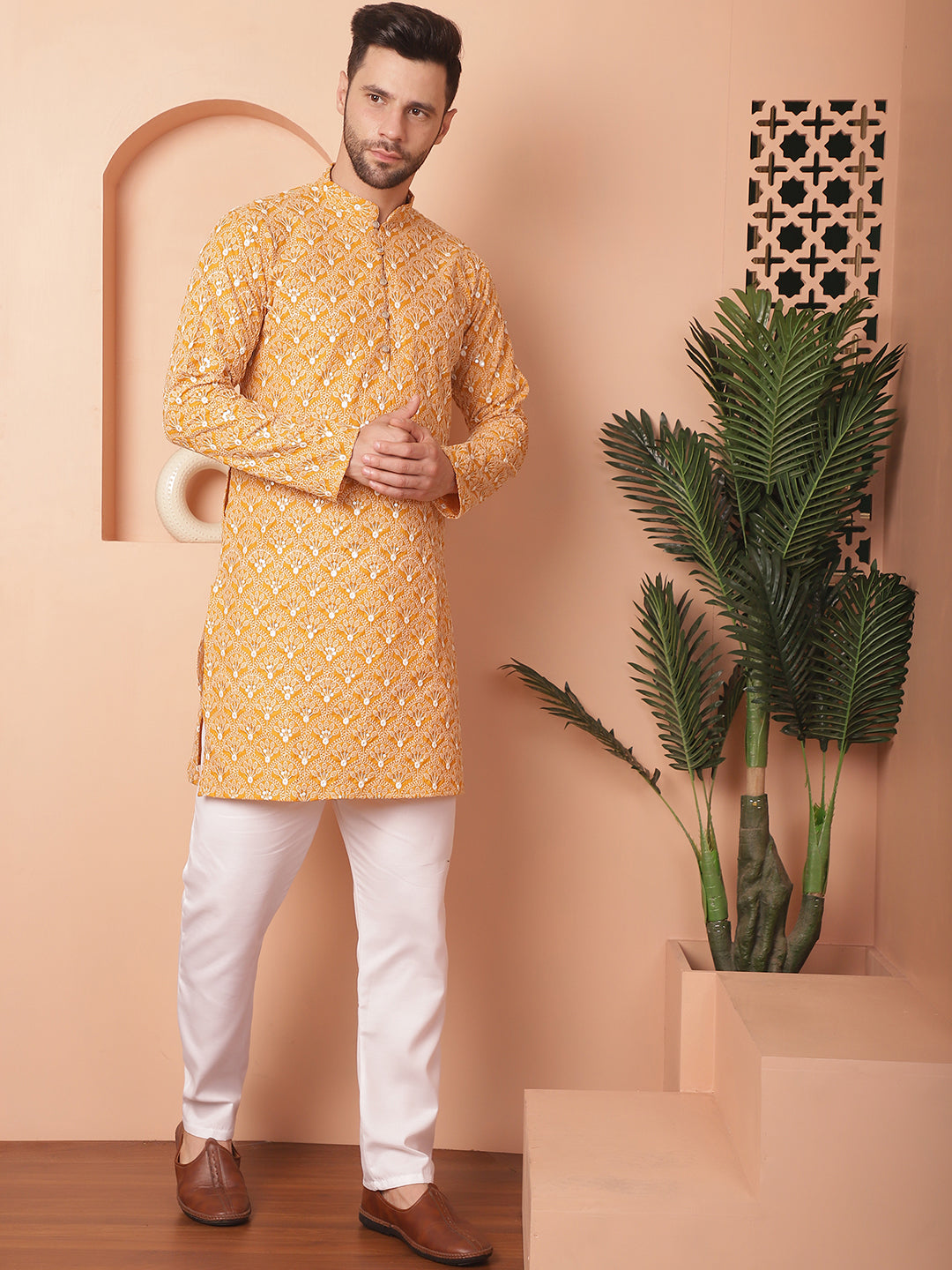 Yellow Cotton Embroidered Kurta Pajama Set