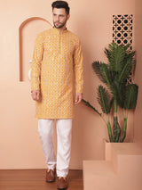 Yellow Cotton Embroidered Kurta Pajama Set