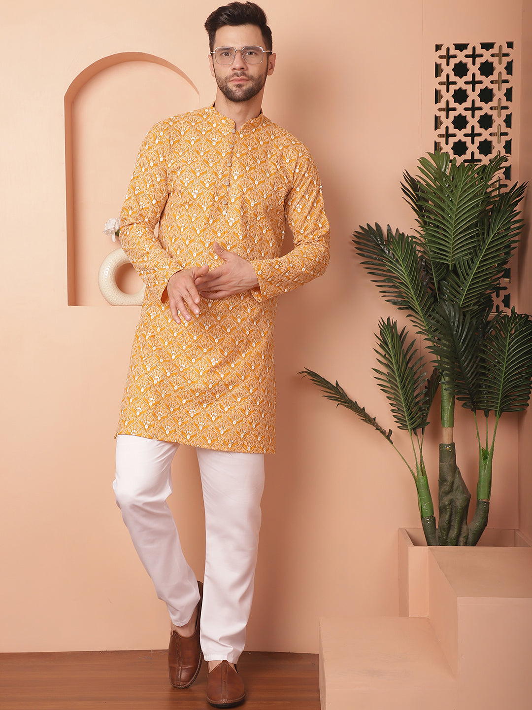 Yellow Cotton Embroidered Kurta Pajama Set