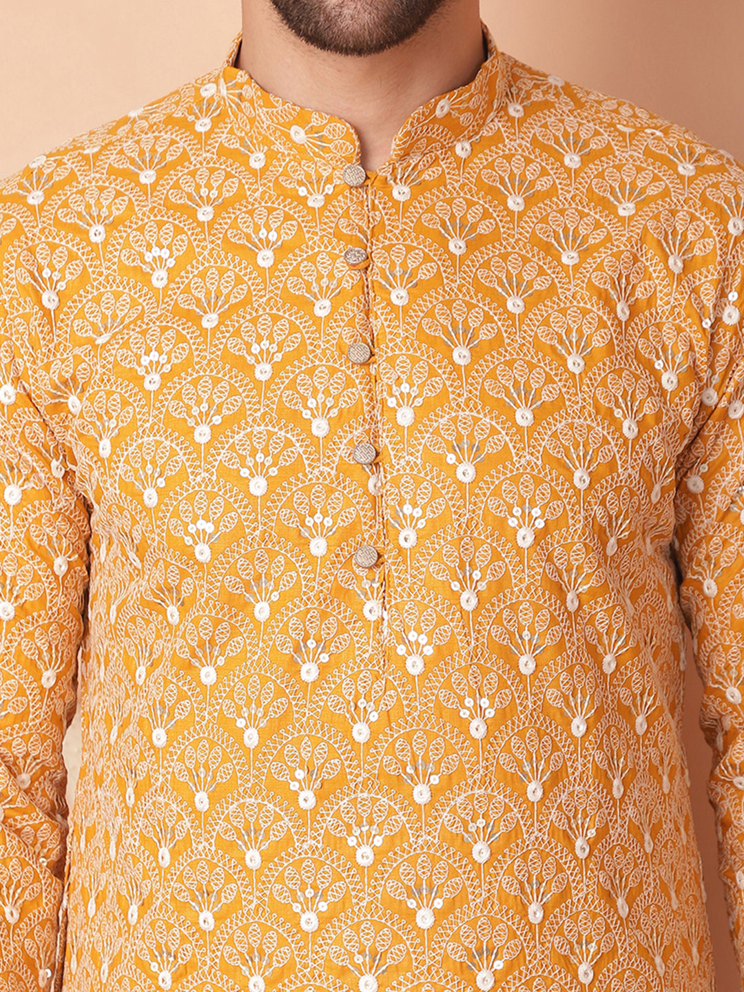 Yellow Cotton Embroidered Kurta Pajama Set