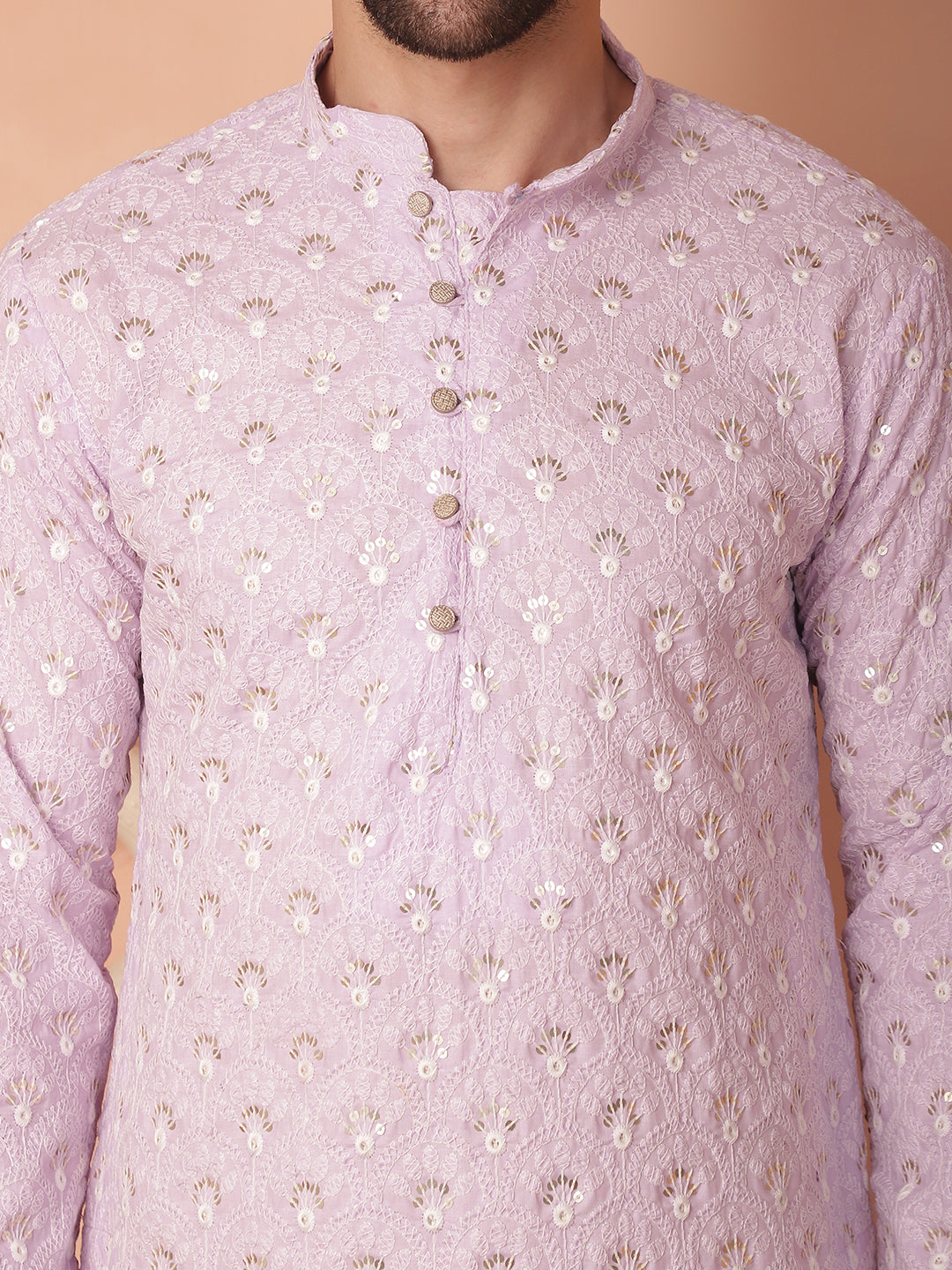 Purple Cotton Embroidered Kurta Pajama Set