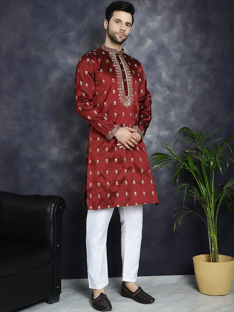 Men's Red Chikankari Embroidered Kurta With Pyjama