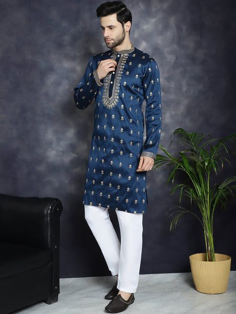 Men's Blue Chikankari Embroidered Kurta With Pyjama