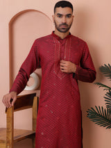 Red Silk Embroidered Kurta Pajama Set