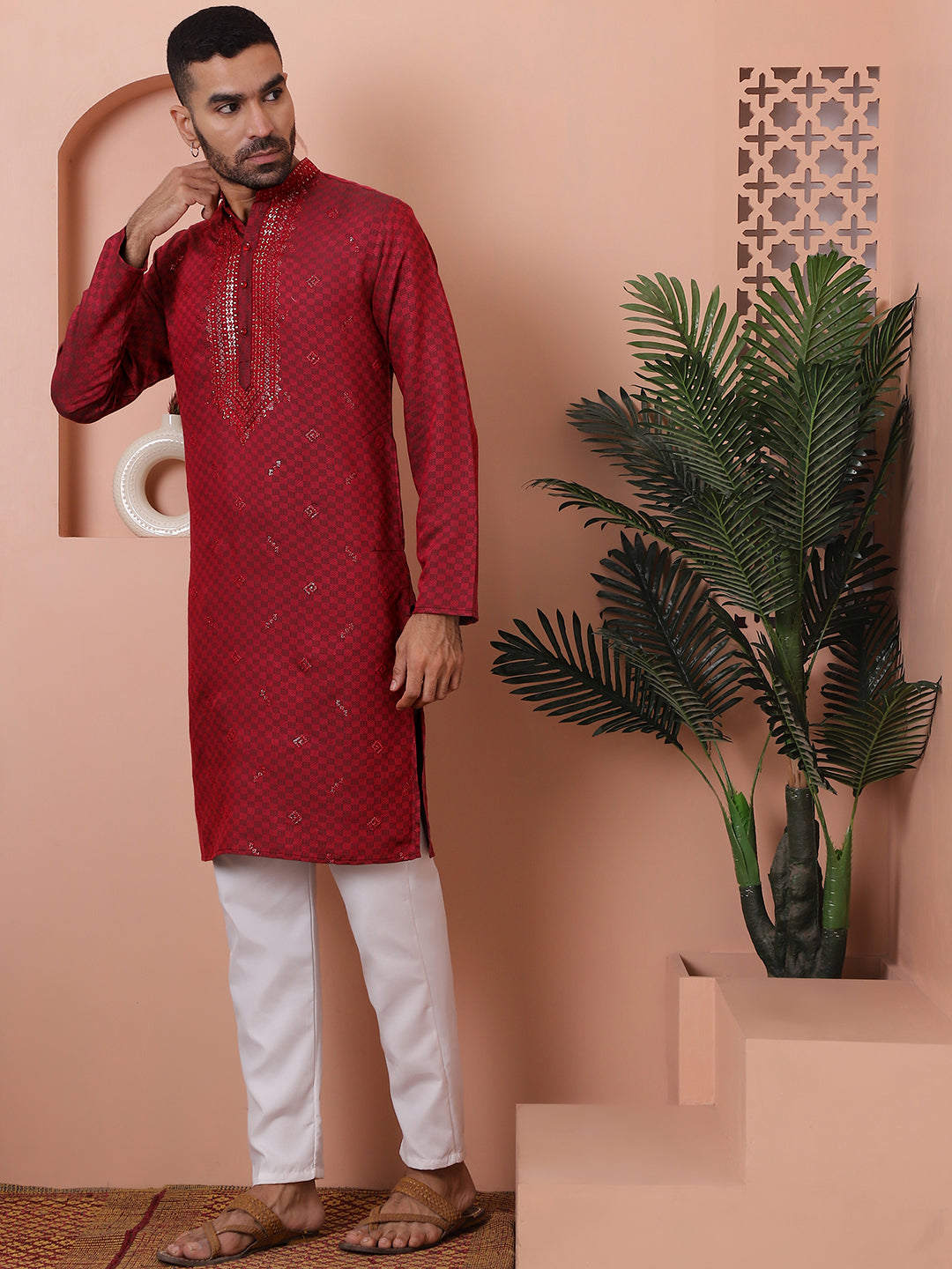 Red Silk Embroidered Kurta Pajama Set