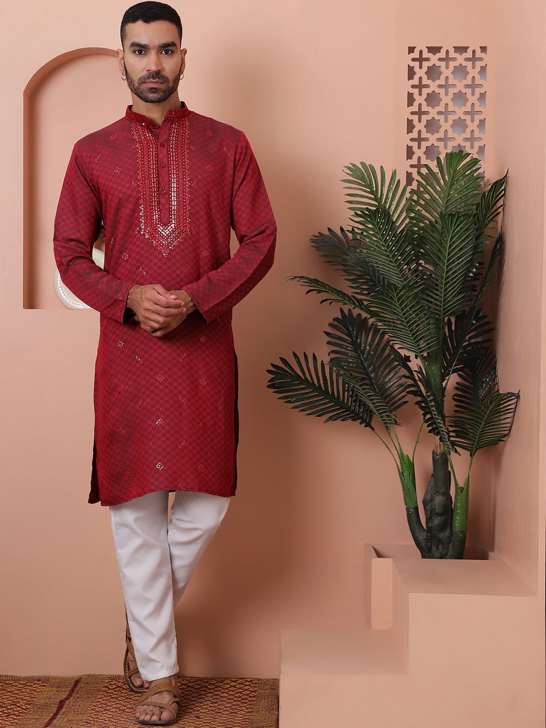 Red Silk Embroidered Kurta Pajama Set